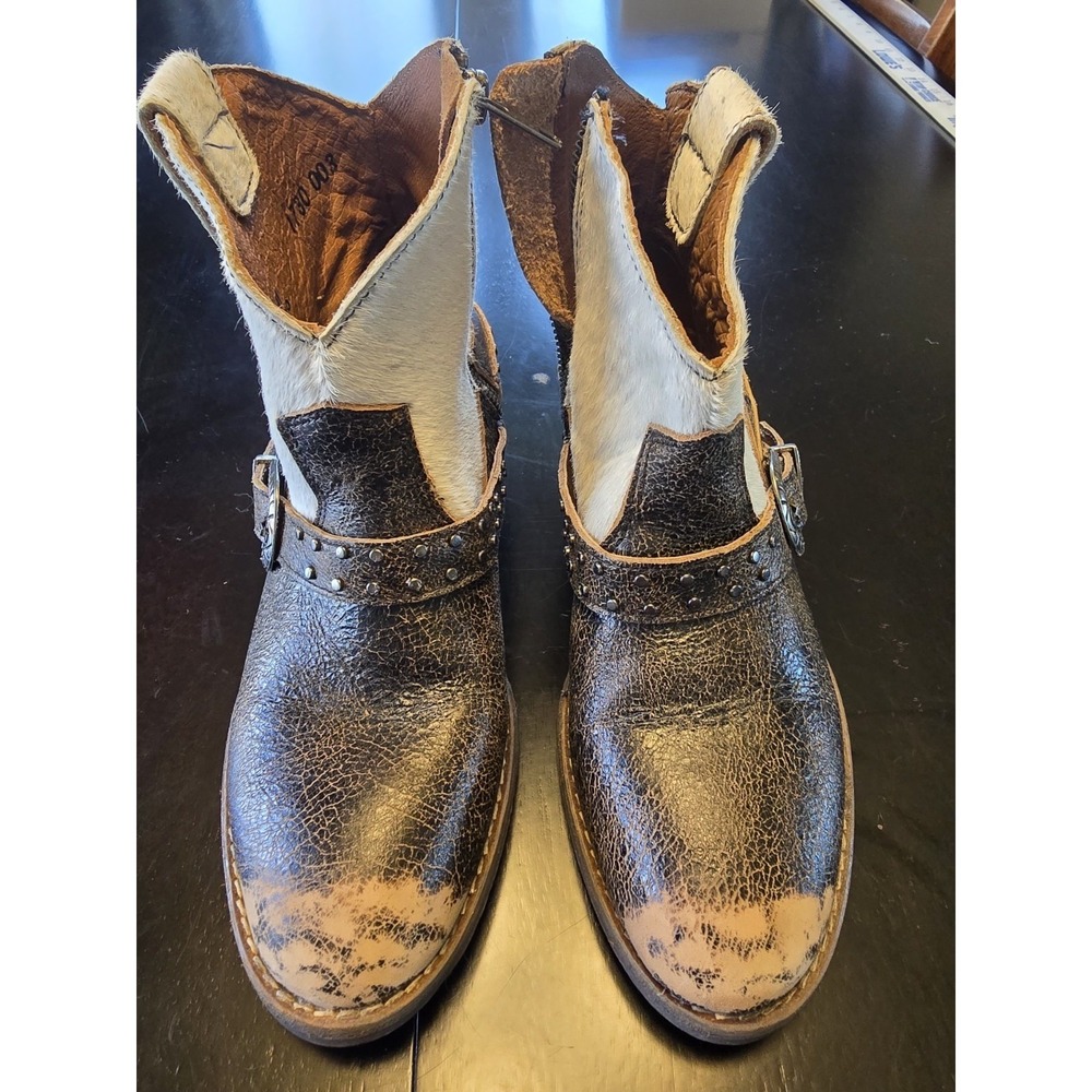 Sterling River Boots SRN6003 Western Cowhide Studded Buckle Brown White Womens 7